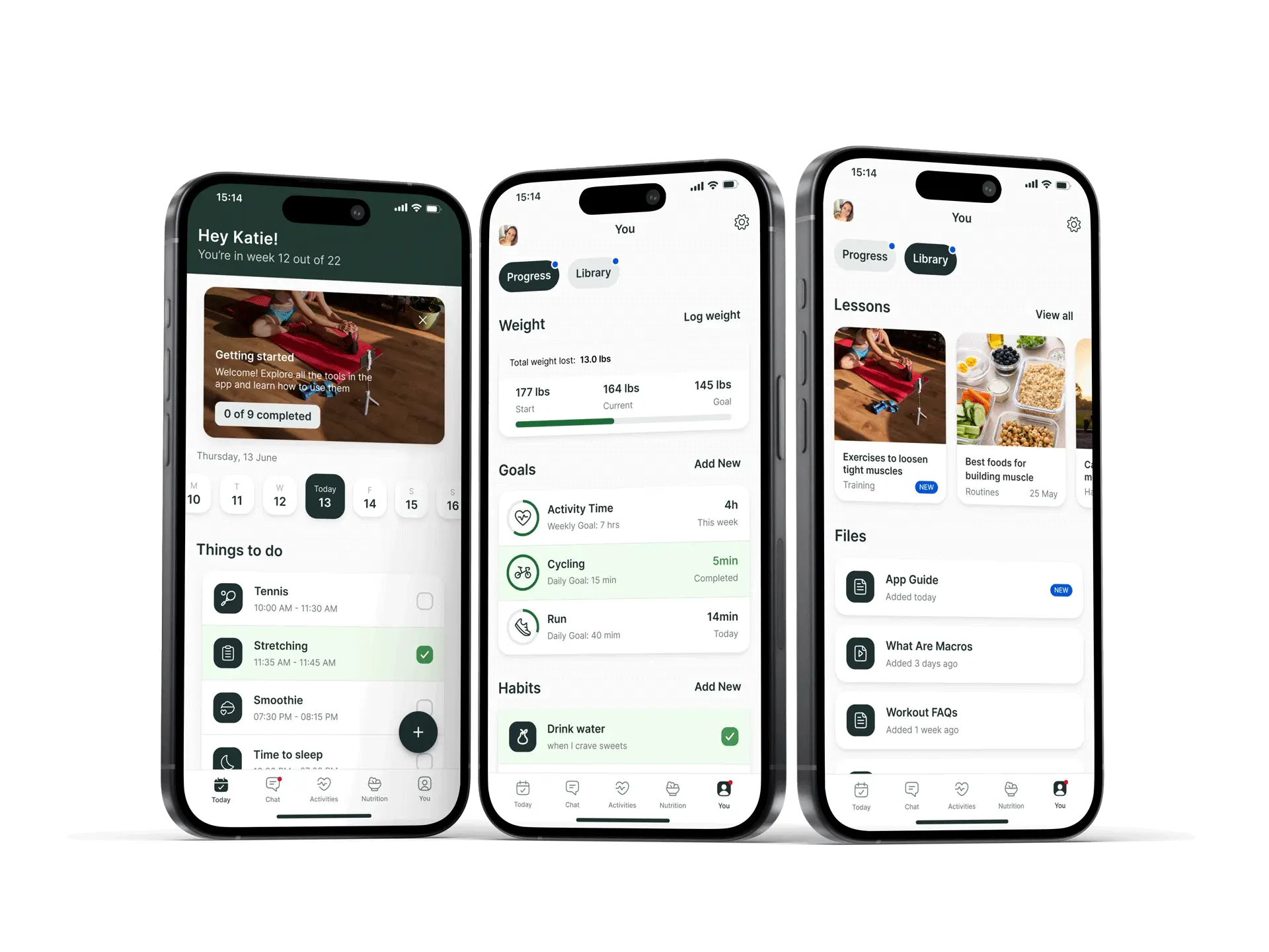 Image of three mobile devices showcasing different fitness app features
