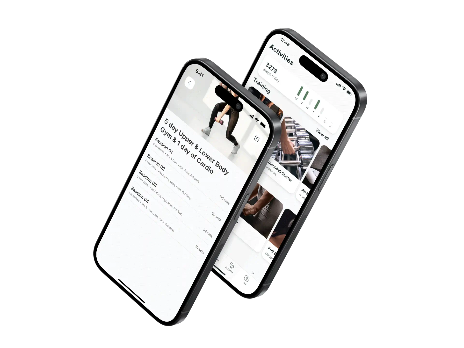 Image of two mobile phones showing fitness app features