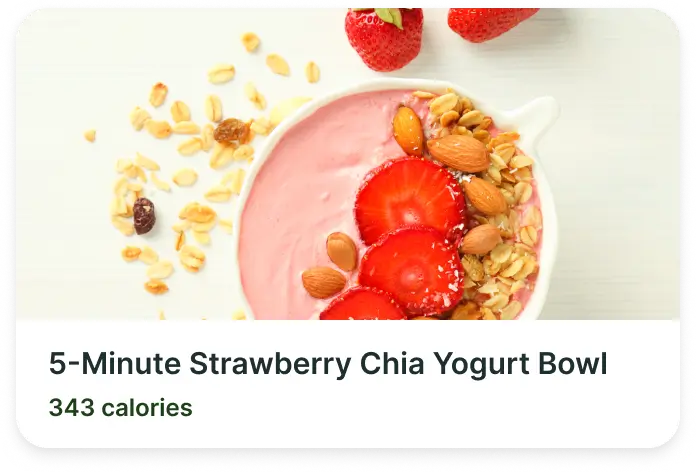 UI element of a food recipe labeled 5-Minute Strawberry Chia Yogurt Bowl
