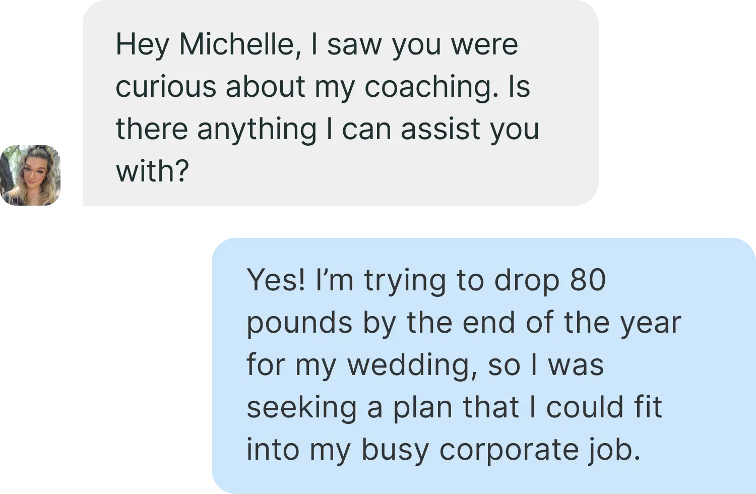 Mobile message UI elements of a fitness trainer communicating with a potential client